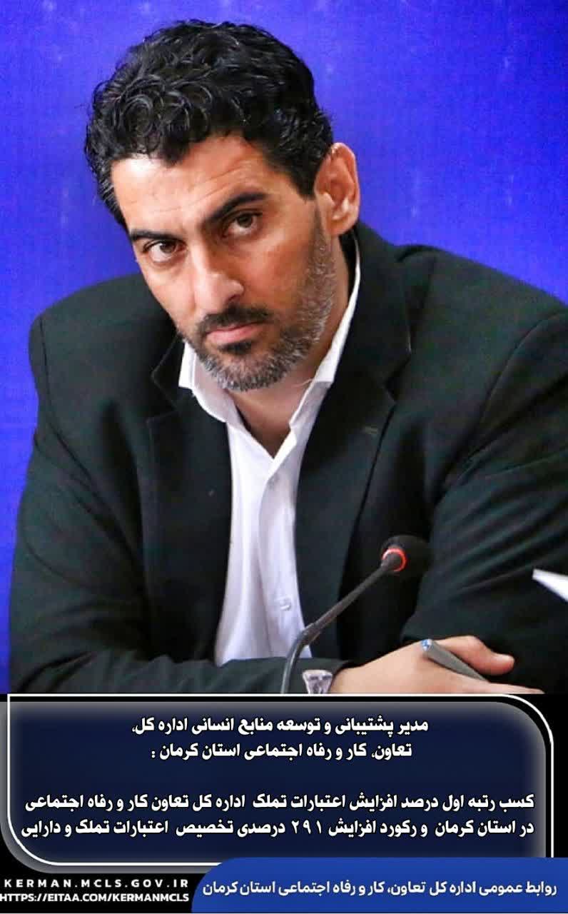 مدیر پشتیبانی و توسعه منابع انسانی اداره کل تعاون، کار و رفاه اجتماعی استان کرمان : کسب رتبه اول درصد افزایش اعتبارات تملک